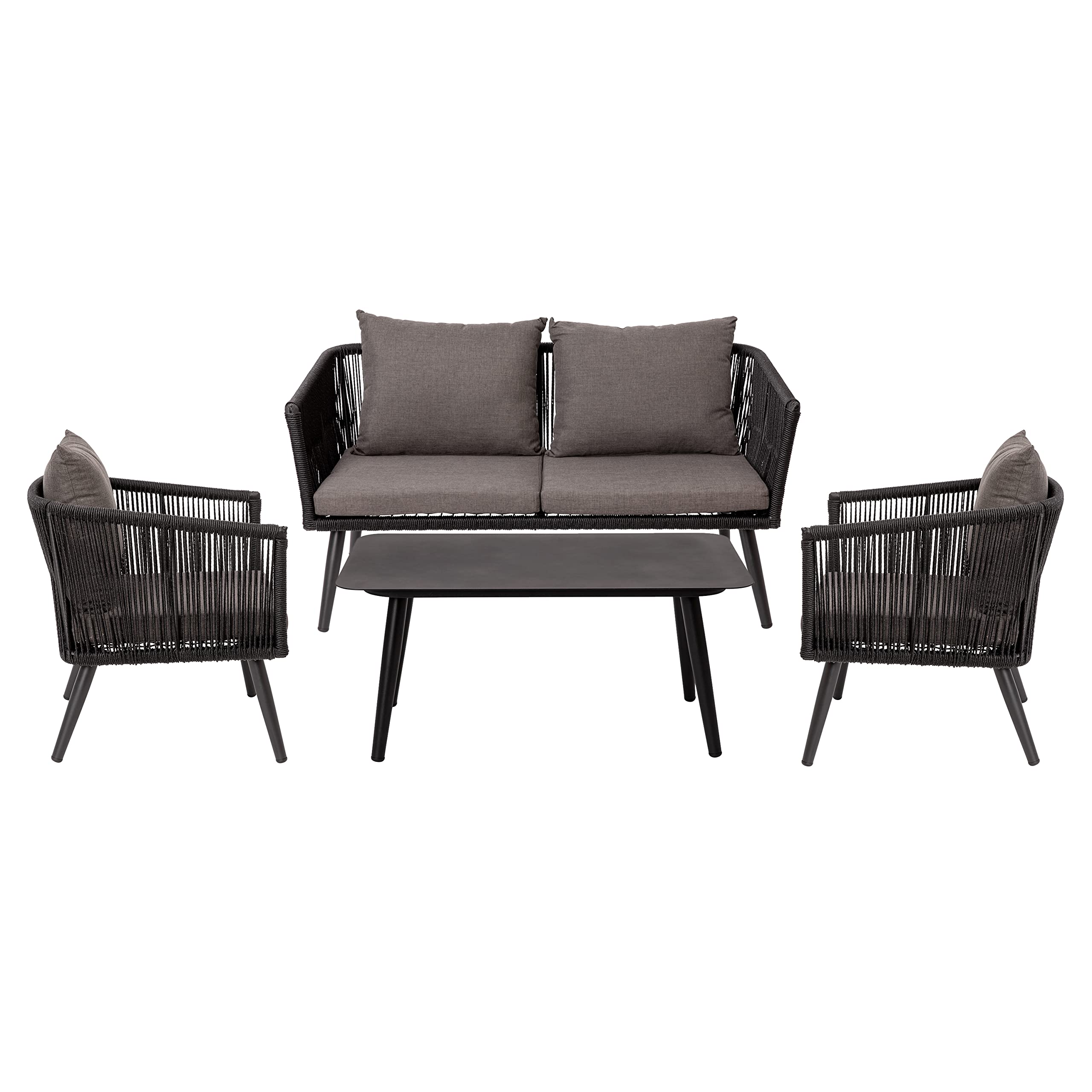 Flash Furniture Kierra 4 Piece Indoor/Outdoor Seating Set - Black Woven Back & Seat - Gray Zippered Removable Cushions - Aluminum Frames - Black Metal Plank Top Table