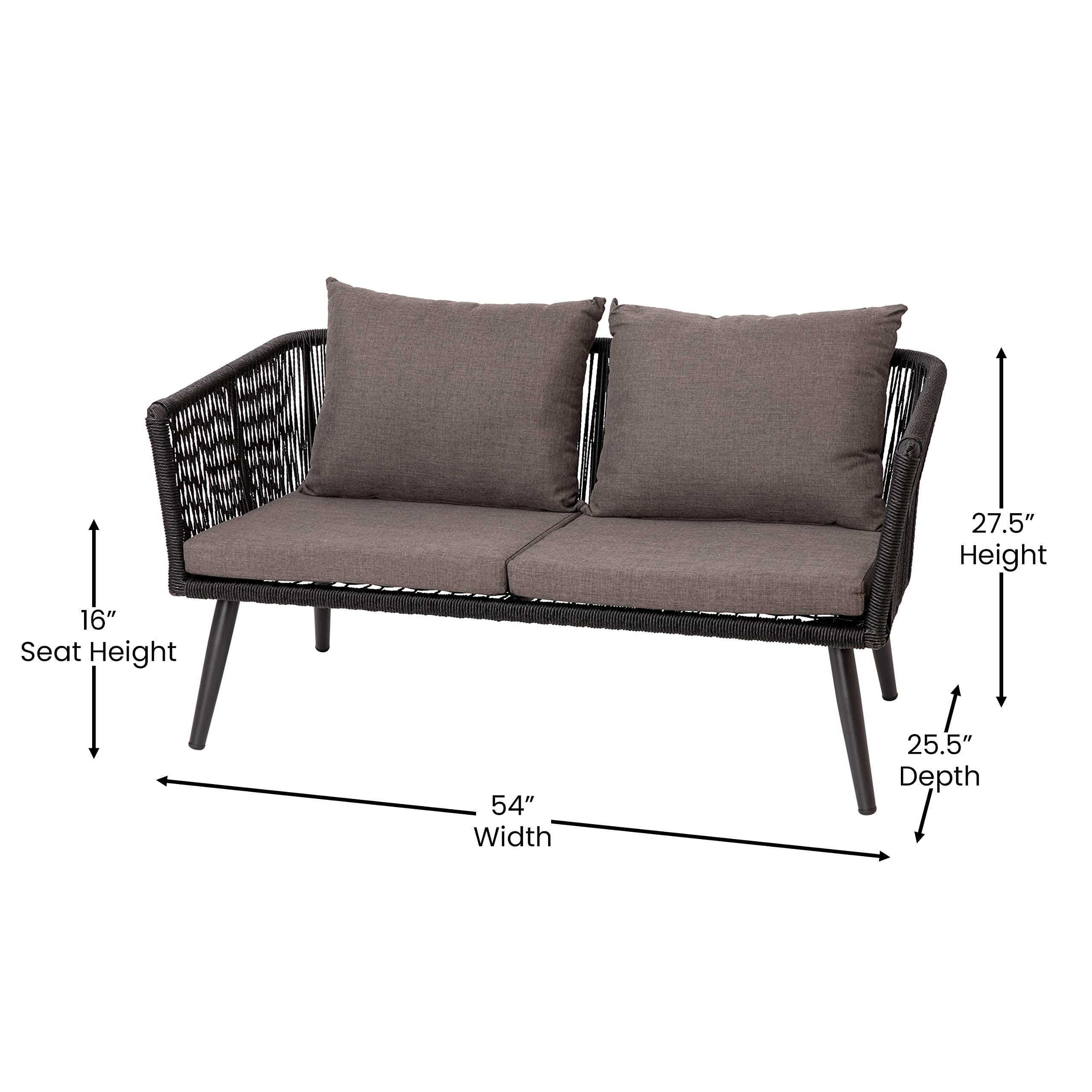 Flash Furniture Kierra 4 Piece Indoor/Outdoor Seating Set - Black Woven Back & Seat - Gray Zippered Removable Cushions - Aluminum Frames - Black Metal Plank Top Table