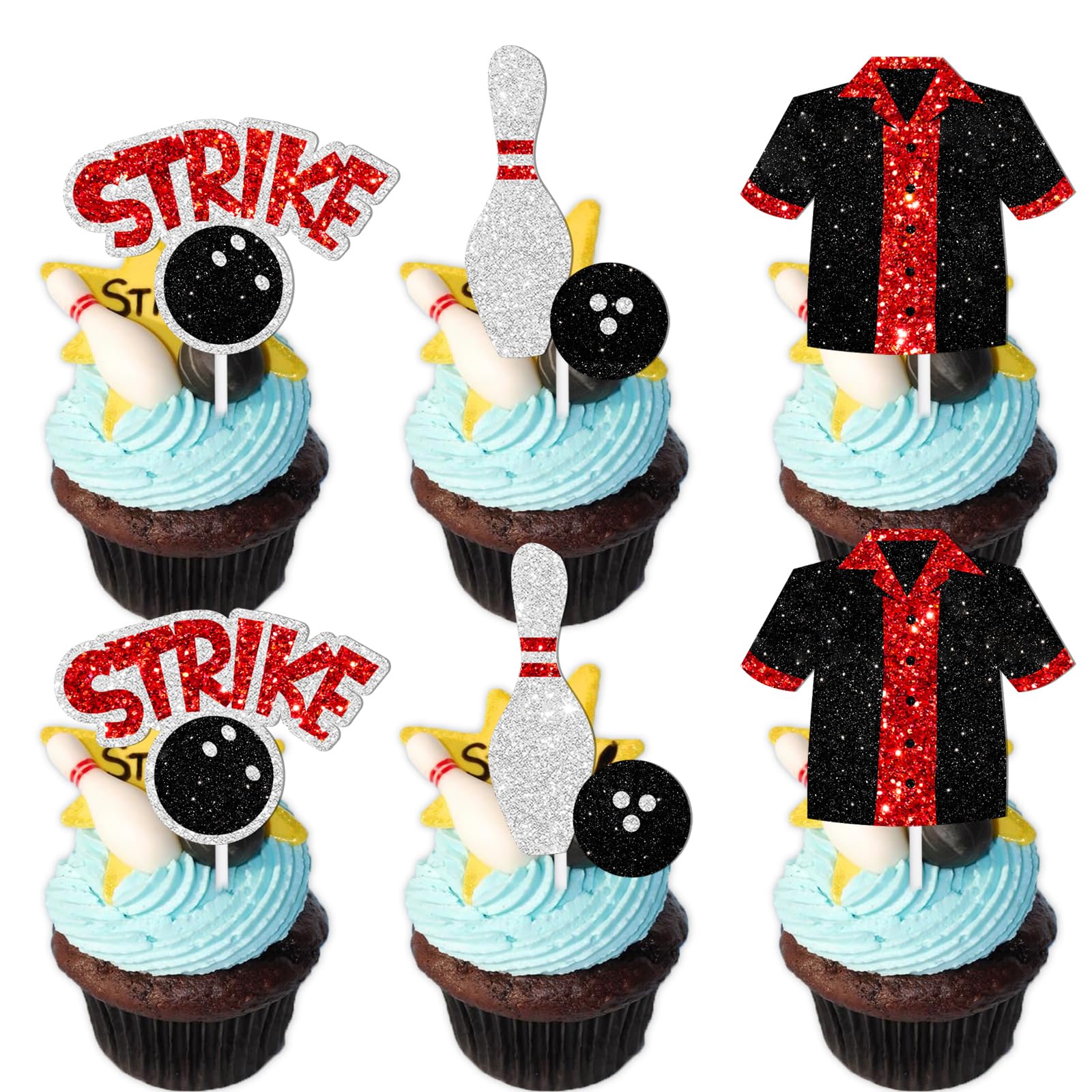 18pcs Black Glitter Bowling Dessert Cupcake Topper Bowling Strike Entertainment Theme Decor Supplies Baby Shower Boys Girls Happy Birthday Party Decorations