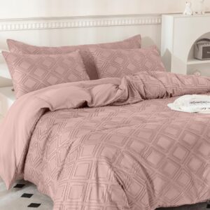 JELLYMONI Pink Duvet Cover King Size - Microfiber Tufted Duvet Cover Set, Boho Textured Duvet Cover Jacquard Rhombus Geometric Pattern Duvet Cover with Corner Ties & Zipper Closure