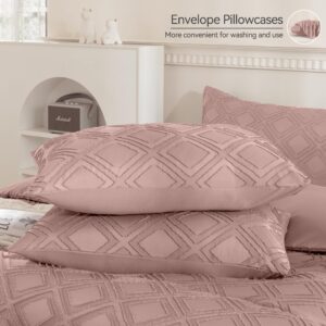 JELLYMONI Pink Duvet Cover King Size - Microfiber Tufted Duvet Cover Set, Boho Textured Duvet Cover Jacquard Rhombus Geometric Pattern Duvet Cover with Corner Ties & Zipper Closure