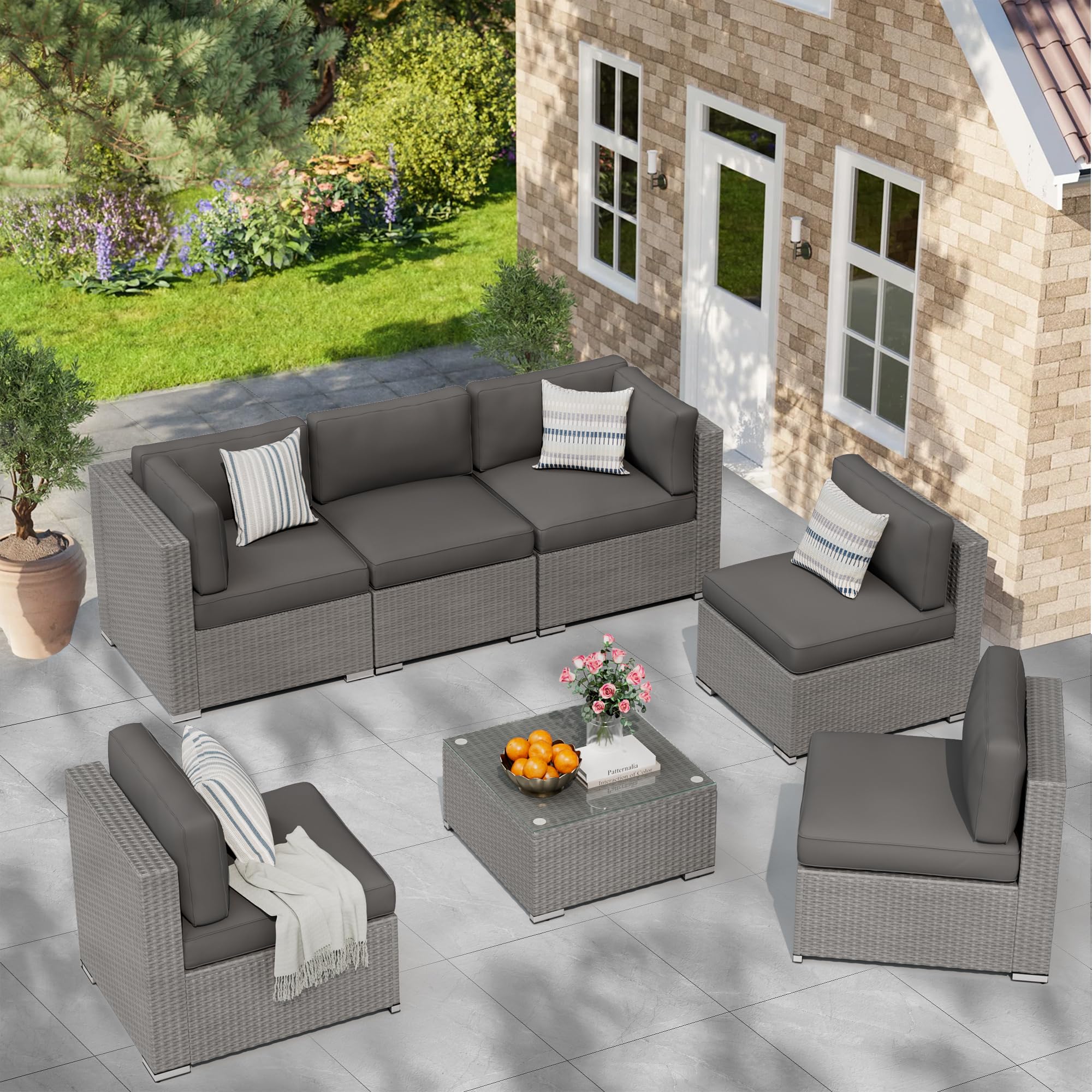 Betterland 7 Piece Outdoor Sectional Sofa Patio Furniture Set, All-Weather PE Grey Wicker Patio Conversation Set with Washable Cushion and Glass Table(Grey Cushions)