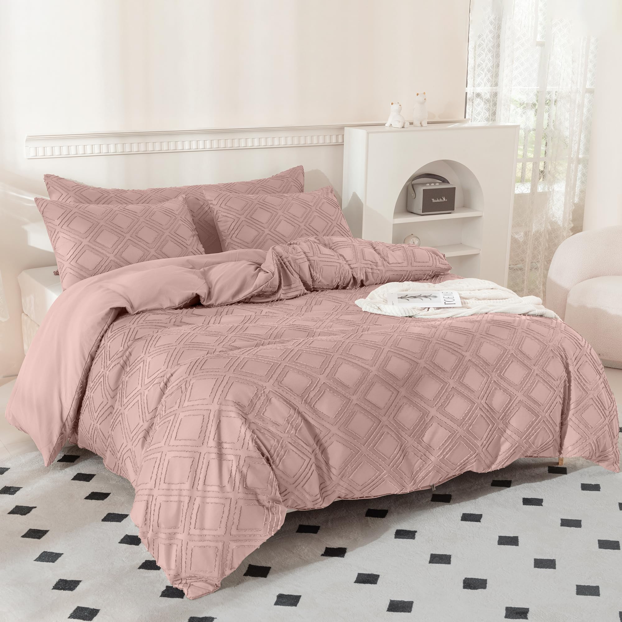 JELLYMONI Pink Duvet Cover King Size - Microfiber Tufted Duvet Cover Set, Boho Textured Duvet Cover Jacquard Rhombus Geometric Pattern Duvet Cover with Corner Ties & Zipper Closure