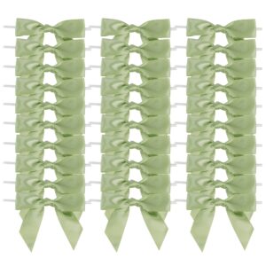 aimudi sage green satin ribbon twist tie bows 3.5" pretied bows premade bows for treat bags crafts gift wrapping basket wedding favors cookie candy bagging cake pop bridal shower - 50 counts