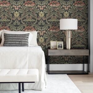 NextWall Acanthus Floral Peel and Stick Wallpaper (Charcoal & Rosewood)