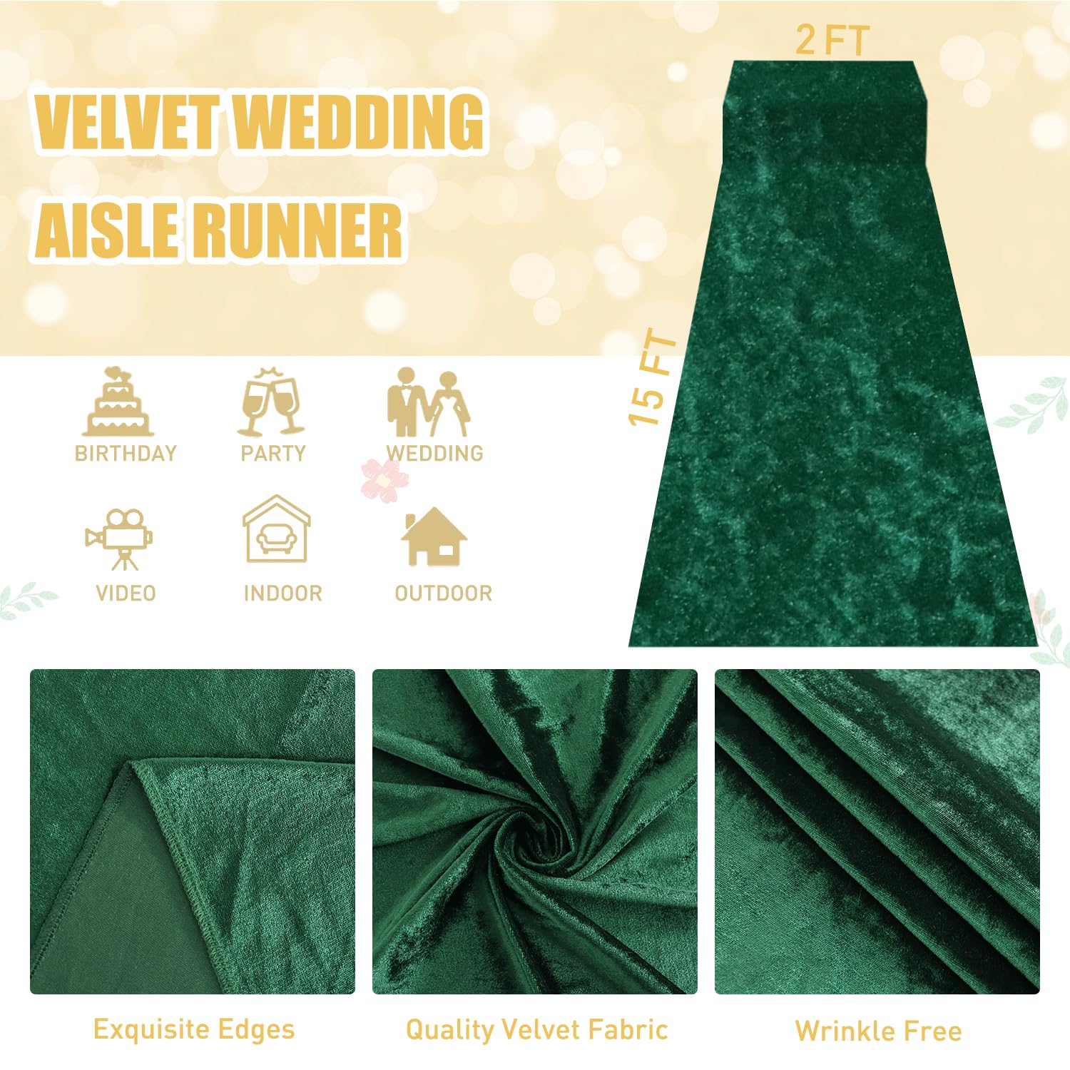 Aisle Runners for Weddings Emerald Green Wedding Aisle Runner 2FTx15FT Luxury Velvet Fabric Carpet Runway Green Aisle Runner for Party Bridal Runner Rug for Ceremony Birthday Event Wedding Decorations