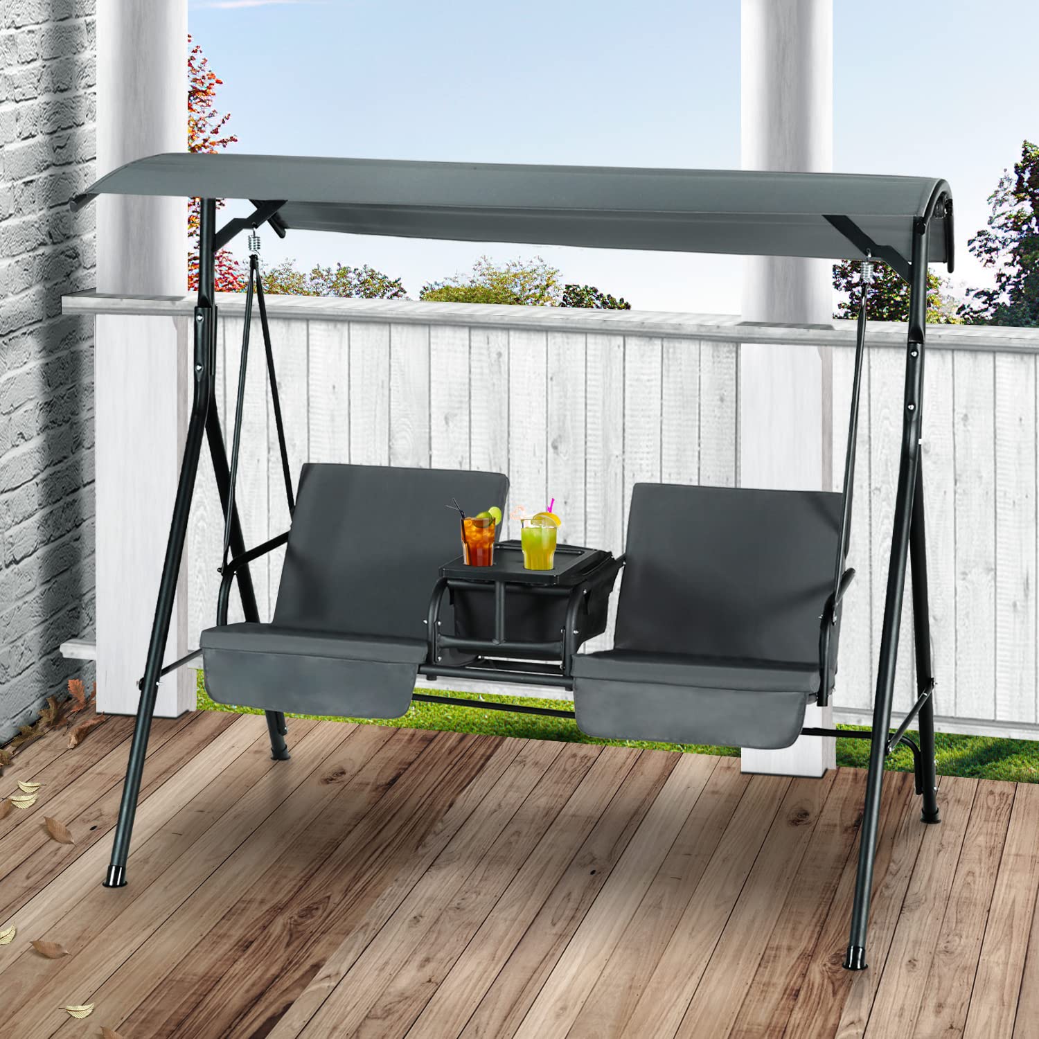 GRAVFORCE Outdoor Swing with Canopy, 2-Seat Porch Swing with Storage Cooler Bag, Adjustable Canopy Swing with Table & 2 Cup Holders, Patio Swing Sets for Backyard, Outside (Gray)