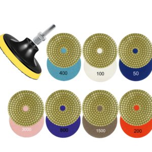 Performore Diamond Polishing Pads 4 Inch Diameter Wet/Dry Pads 8-Pack, 7 Pads with Varying Grit (#50-#3000) and 1 Backer Pad, Includes Drill Adapter for Stone Granite Marble or Concrete