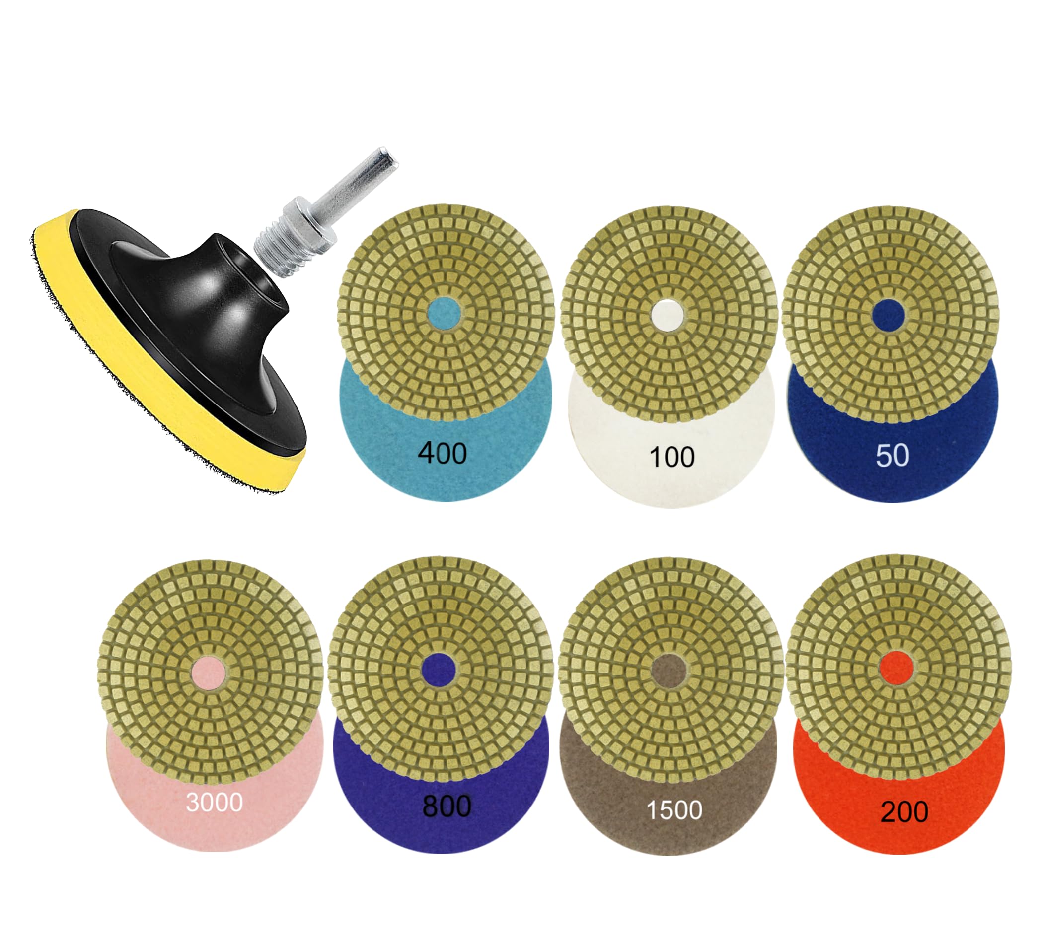 Performore Diamond Polishing Pads 4 Inch Diameter Wet/Dry Pads 8-Pack, 7 Pads with Varying Grit (#50-#3000) and 1 Backer Pad, Includes Drill Adapter for Stone Granite Marble or Concrete