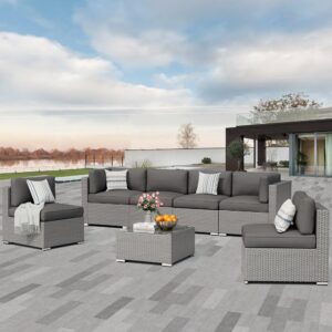 Betterland 7 Piece Outdoor Sectional Sofa Patio Furniture Set, All-Weather PE Grey Wicker Patio Conversation Set with Washable Cushion and Glass Table(Grey Cushions)