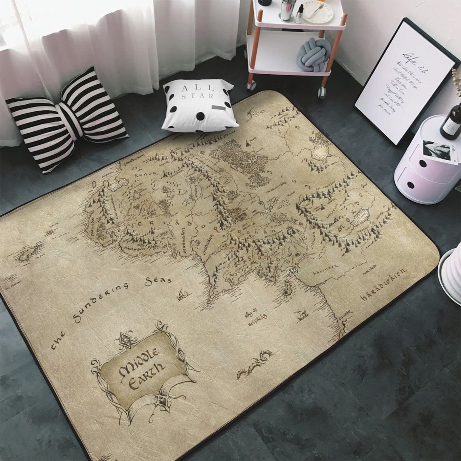 Gesey-R4T Middle Earth Map Pattern Home Area Rugs 3'3inchx5' Home Decor Carpet Soft Floor Mat Non-Slip for Living Room Bedroom, White, One Size