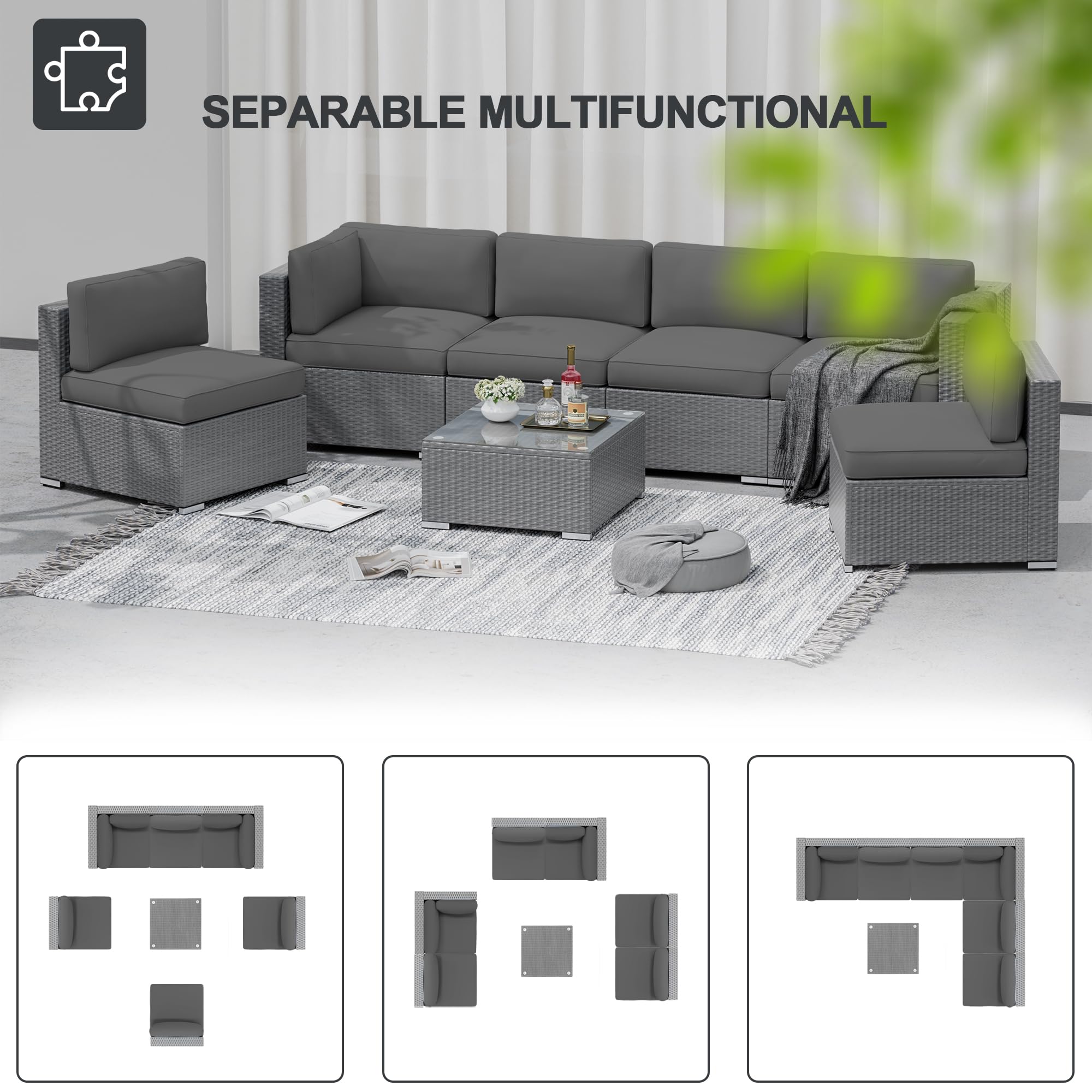 Patiomore 7-Piece Outdoor Patio Sectional Sofa Sets, Grey PE Wicker Furniture Set with Glass Coffee Table, Grey Cushion