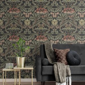 NextWall Acanthus Floral Peel and Stick Wallpaper (Charcoal & Rosewood)