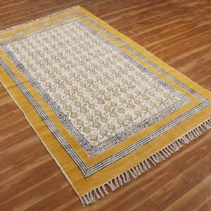 CASAVANI Collection Rectangular Rug - 5x7 Ft Musterd Yellow Cotton Dhurrie Floral Kilim Rug Indoor Outdoor Use Carpet Flatweave Rug High Traffic Area in Bedroom Dining Room Living Room