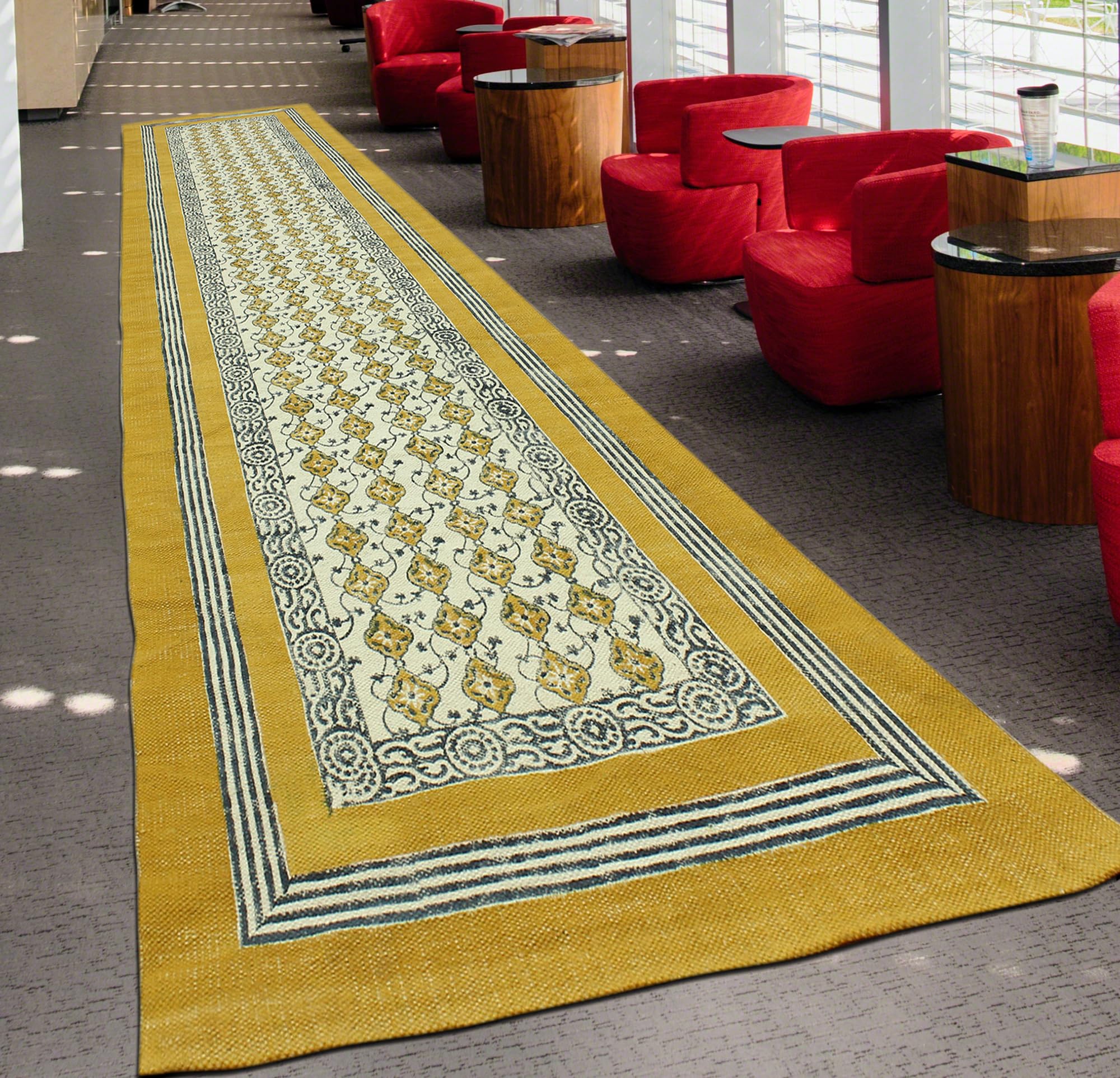 CASAVANI Collection Rectangular Rug - 5x7 Ft Musterd Yellow Cotton Dhurrie Floral Kilim Rug Indoor Outdoor Use Carpet Flatweave Rug High Traffic Area in Bedroom Dining Room Living Room