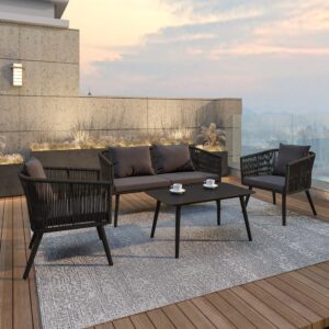 Flash Furniture Kierra 4 Piece Indoor/Outdoor Seating Set - Black Woven Back & Seat - Gray Zippered Removable Cushions - Aluminum Frames - Black Metal Plank Top Table