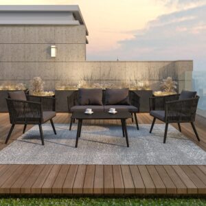 Flash Furniture Kierra 4 Piece Indoor/Outdoor Seating Set - Black Woven Back & Seat - Gray Zippered Removable Cushions - Aluminum Frames - Black Metal Plank Top Table