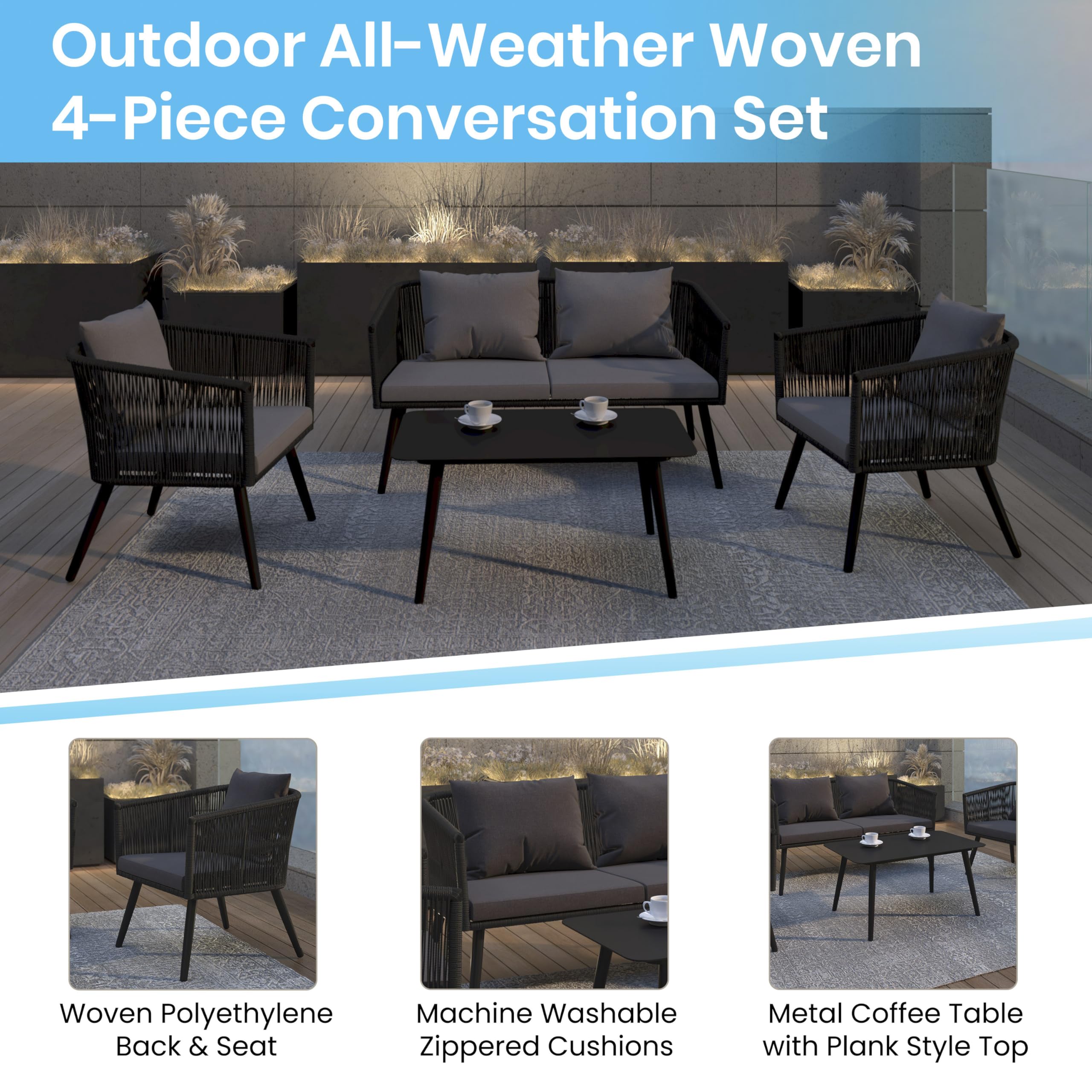 Flash Furniture Kierra 4 Piece Indoor/Outdoor Seating Set - Black Woven Back & Seat - Gray Zippered Removable Cushions - Aluminum Frames - Black Metal Plank Top Table