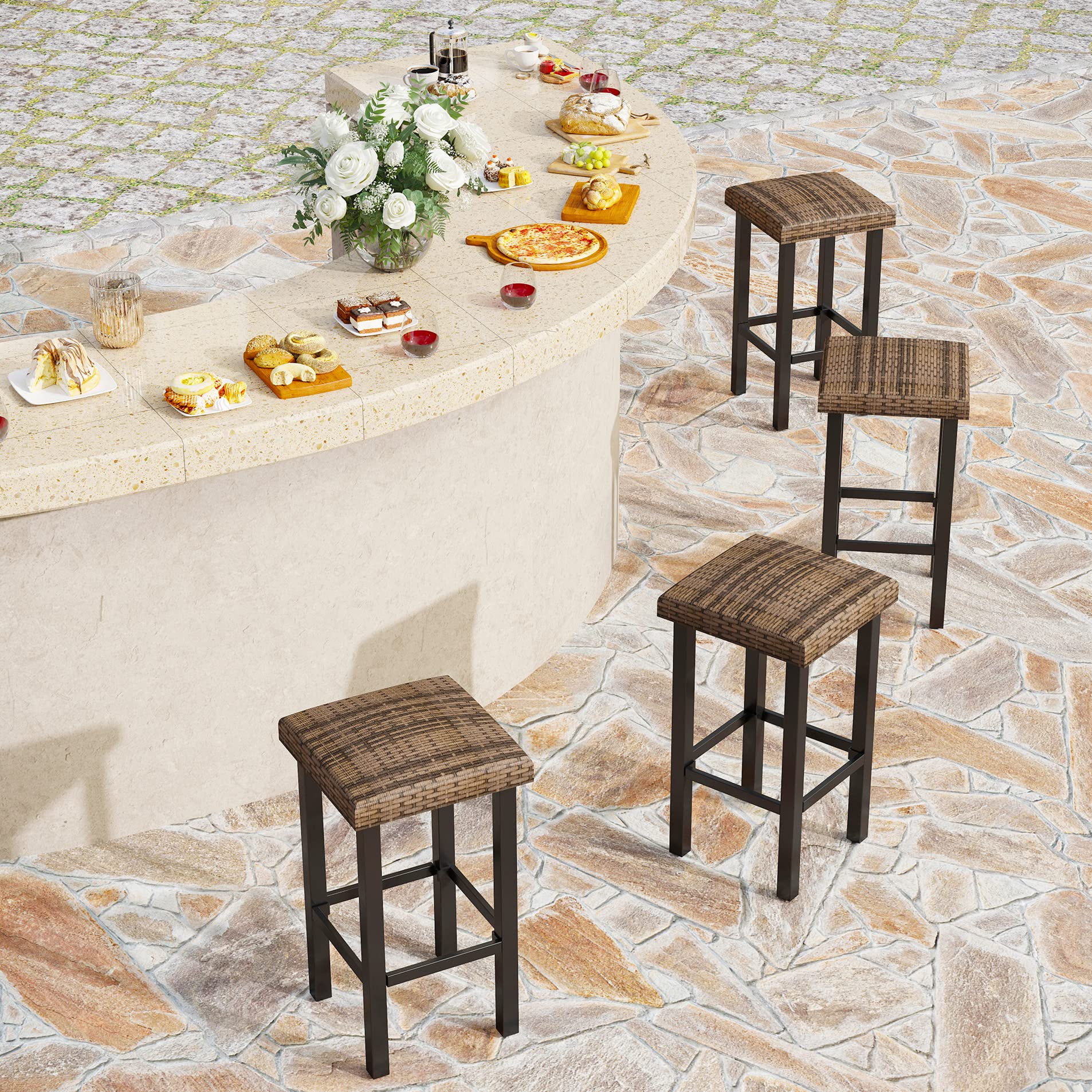 PHI VILLA Outdoor Bar Stools Set of 4, 26” Wicker Seat Counter Height Backless Barstools, Metal Frame Bar Chairs for Patio Kitchen & Dining