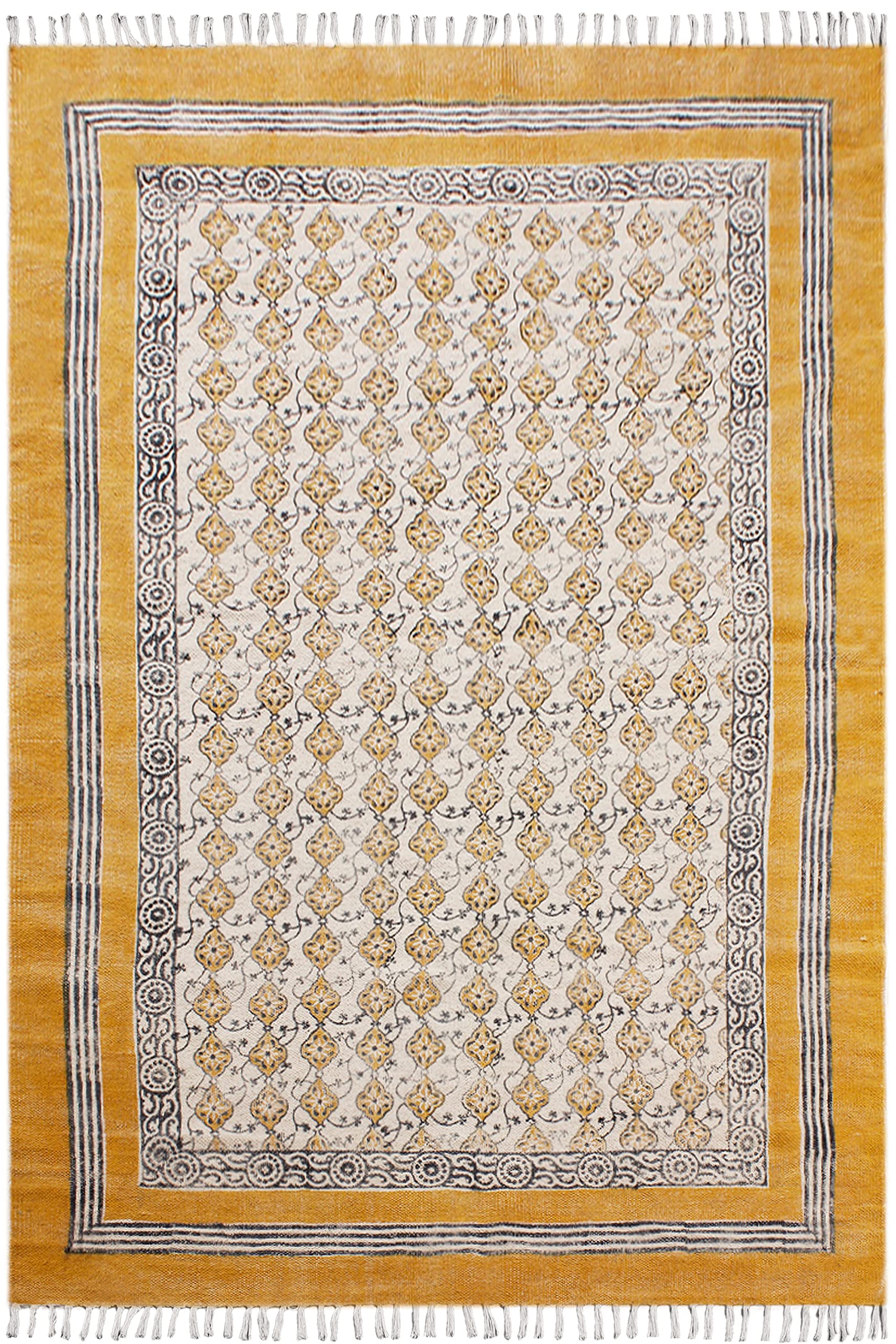 CASAVANI Collection Rectangular Rug - 5x7 Ft Musterd Yellow Cotton Dhurrie Floral Kilim Rug Indoor Outdoor Use Carpet Flatweave Rug High Traffic Area in Bedroom Dining Room Living Room