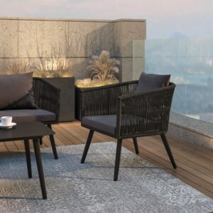 Flash Furniture Kierra 4 Piece Indoor/Outdoor Seating Set - Black Woven Back & Seat - Gray Zippered Removable Cushions - Aluminum Frames - Black Metal Plank Top Table