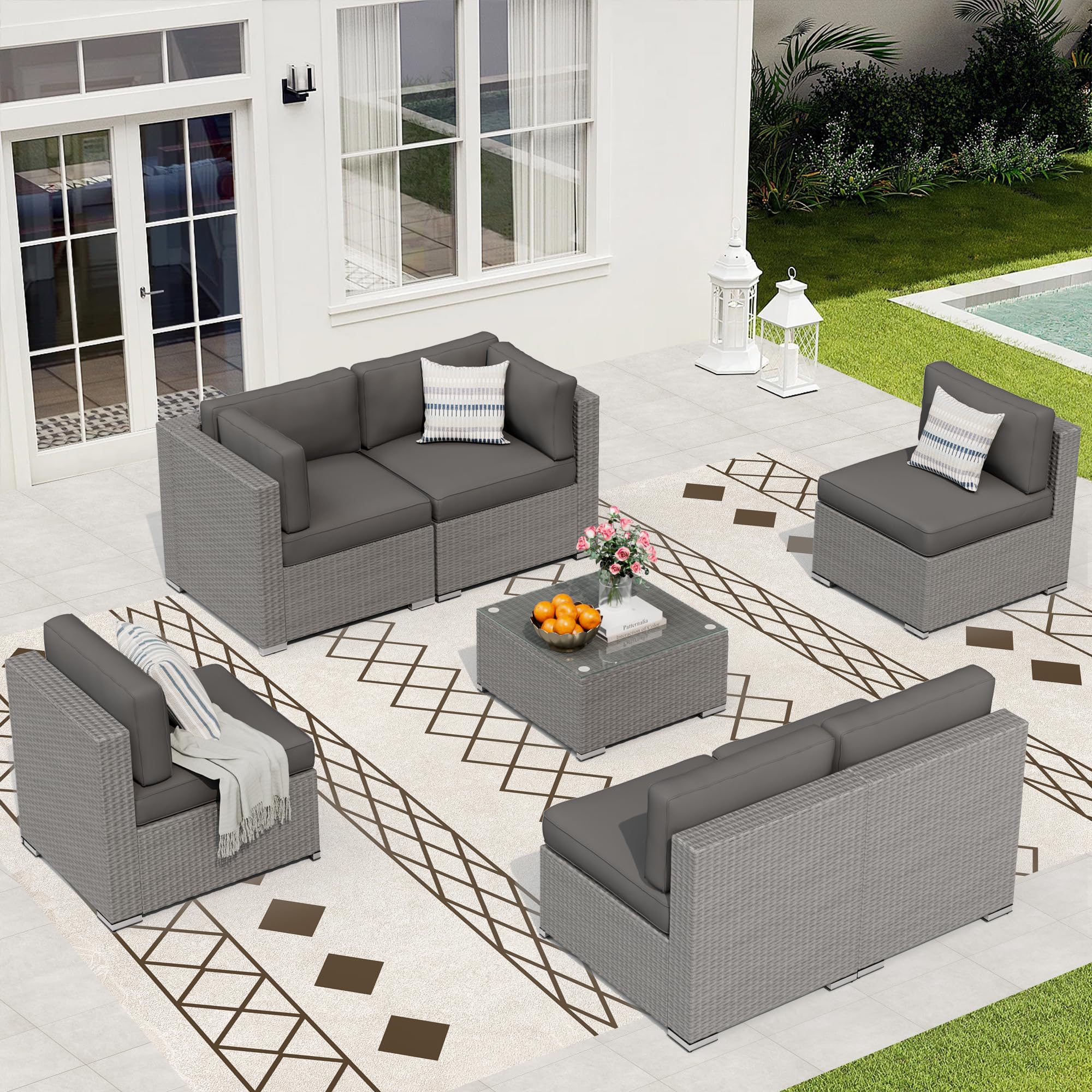 Betterland 7 Piece Outdoor Sectional Sofa Patio Furniture Set, All-Weather PE Grey Wicker Patio Conversation Set with Washable Cushion and Glass Table(Grey Cushions)