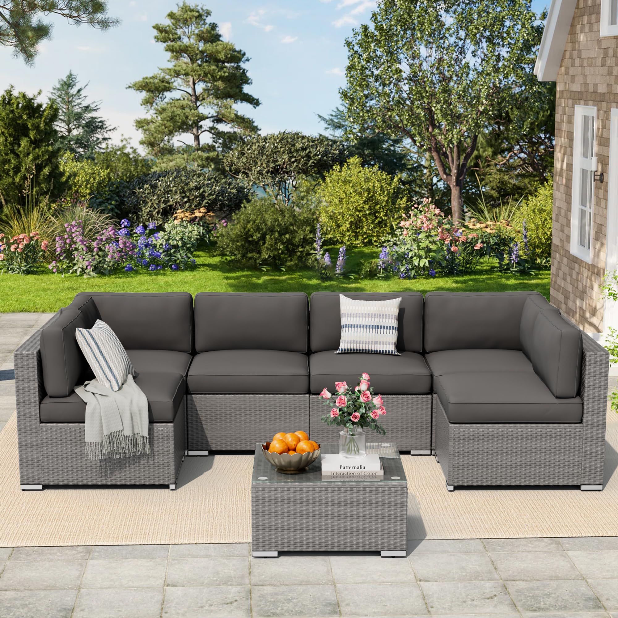 Betterland 7 Piece Outdoor Sectional Sofa Patio Furniture Set, All-Weather PE Grey Wicker Patio Conversation Set with Washable Cushion and Glass Table(Grey Cushions)