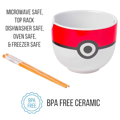 Silver Buffalo Pokemon Pokeball Ceramic Ramen Noodle Bowl with Chopsticks, Microwave Safe, 20 Ounces