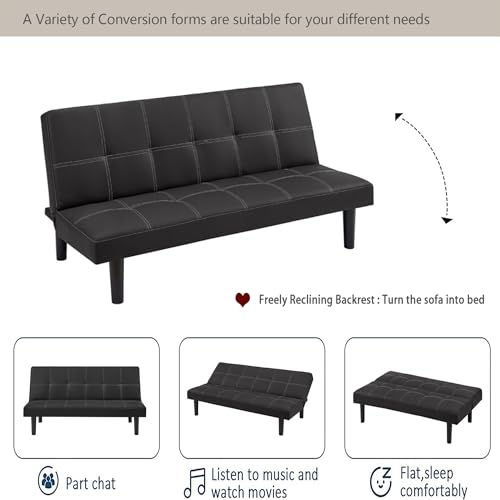 Modern Leather Sofa Bed Futon with Chrome Legs Convertible Folding Sofa Bed for Compact Living Spaces Apartments Dorms Black