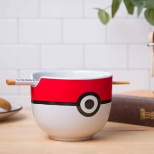 Silver Buffalo Pokemon Pokeball Ceramic Ramen Noodle Bowl with Chopsticks, Microwave Safe, 20 Ounces