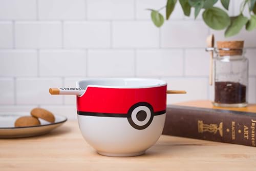 Silver Buffalo Pokemon Pokeball Ceramic Ramen Noodle Bowl with Chopsticks, Microwave Safe, 20 Ounces