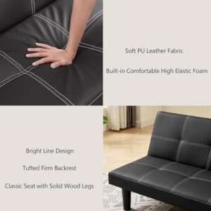 Modern Leather Sofa Bed Futon with Chrome Legs Convertible Folding Sofa Bed for Compact Living Spaces Apartments Dorms Black