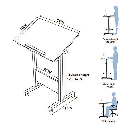 KOUPA Adjustable Mobile Standing Desk Large 16×31 in, Rolling Computer Workstation with Lockable Wheels for Home Office, 360° Flip Tilt Foldable Laptop Table Cart for Standing Sitting