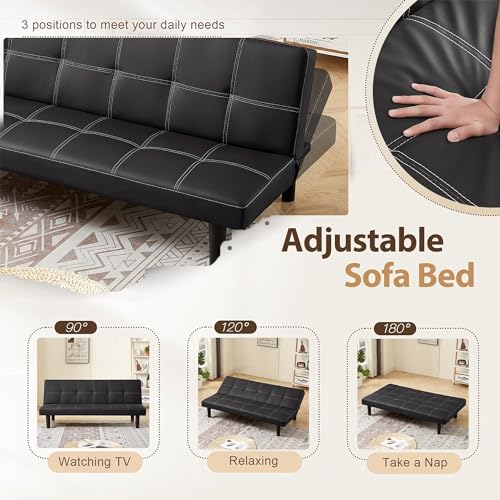 Modern Leather Sofa Bed Futon with Chrome Legs Convertible Folding Sofa Bed for Compact Living Spaces Apartments Dorms Black