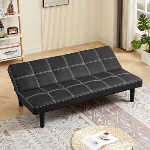 Modern Leather Sofa Bed Futon with Chrome Legs Convertible Folding Sofa Bed for Compact Living Spaces Apartments Dorms Black