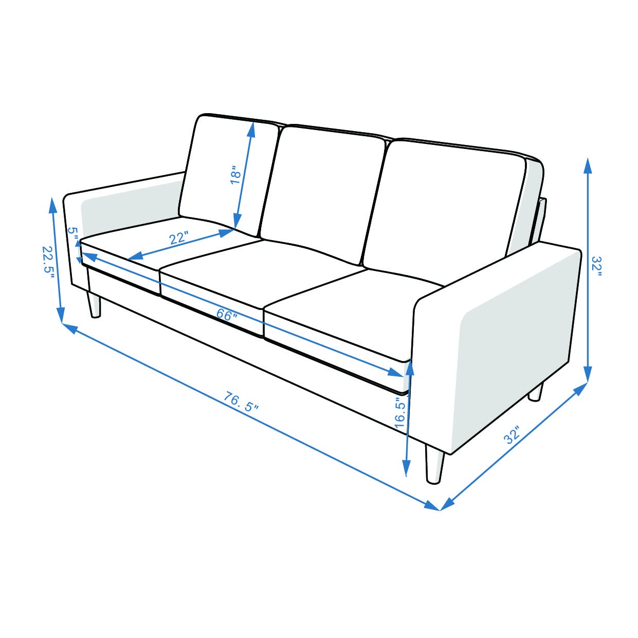 Luckycloud Modern Couch Sofa 3-Seater Upholstered Fabric Sofa for Small Living Room, Dorm, Small Spaces (Grey)