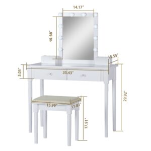 AODAILIHB Vanity Set with Lighted Mirror & Stool, Dressing Table Makeup Vanity Desk with 2 Drawers/Clear Glass Table Top/3 Color Lighting Modes Girls Gift Bedroom Furniture (White)