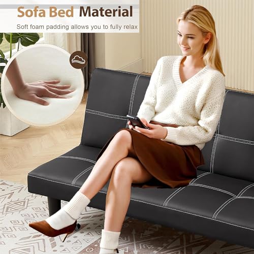 Modern Leather Sofa Bed Futon with Chrome Legs Convertible Folding Sofa Bed for Compact Living Spaces Apartments Dorms Black