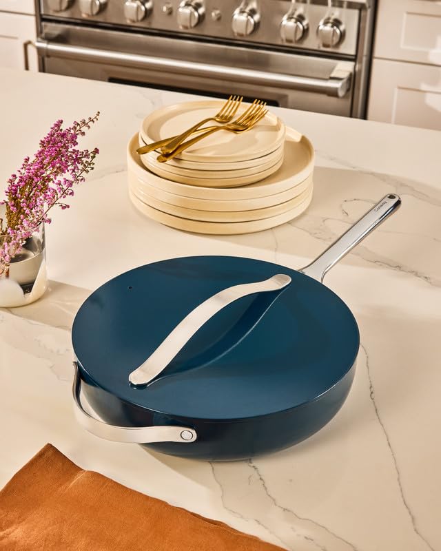 Caraway Nonstick Ceramic Sauté Pan with Lid (4.5 qt, 11.8") - Non Toxic, PTFE & PFOA Free - Oven Safe & Compatible with All Stovetops (Gas, Electric & Induction) - Navy