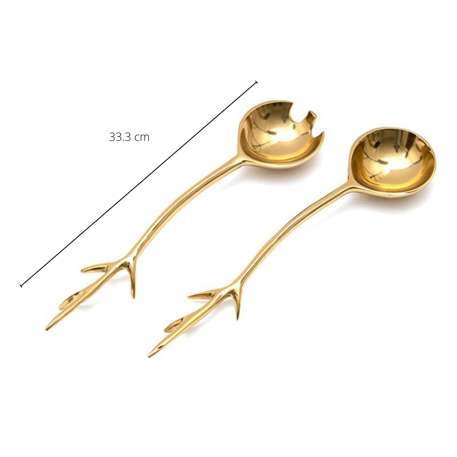 Twig Salad Servers Brass & Stainless Steel, Fork & Spoon Set Leaf Design, Two Tone Ideal for Weddings, Dinner, Elegant Flatware, Housewarming, Stainless Steel Mirror Polished