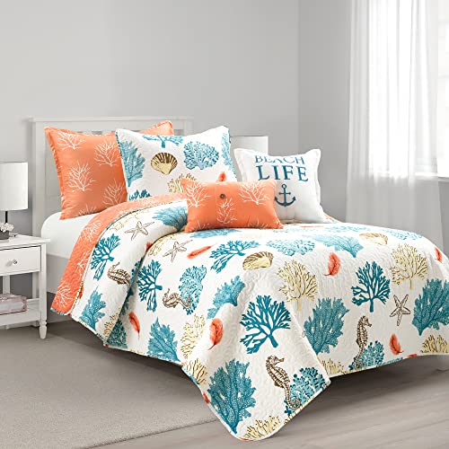 Lush Decor Coastal Reef Feather Reversible Quilt Set, 5 Piece Set, Twin/ Twin XL, Blue & Coral - Beach Bedding Set - Coastal Twinxl Quilt Sets - Tropical Beach House Decor For Kids Or Teen's Dorm Room