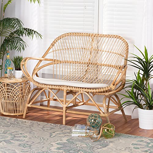 Baxton Studio Bali & pari Jayden Modern Bohemian White Fabric Upholstered and Natural Rattan Loveseat