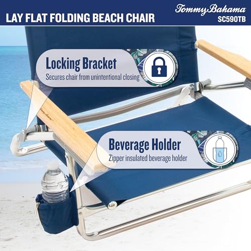 Tommy Bahama 5-Position Lay Flat Cup Holder and Towel Bar Beach Chair, 1-Pack, Floral Print