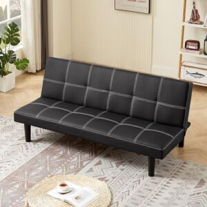 Modern Leather Sofa Bed Futon with Chrome Legs Convertible Folding Sofa Bed for Compact Living Spaces Apartments Dorms Black