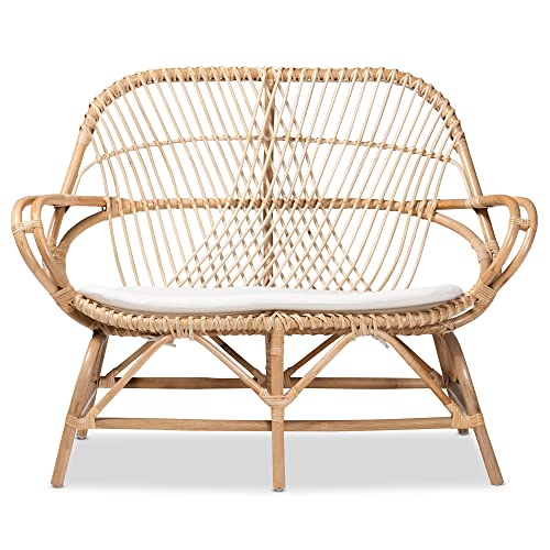 Baxton Studio Bali & pari Jayden Modern Bohemian White Fabric Upholstered and Natural Rattan Loveseat