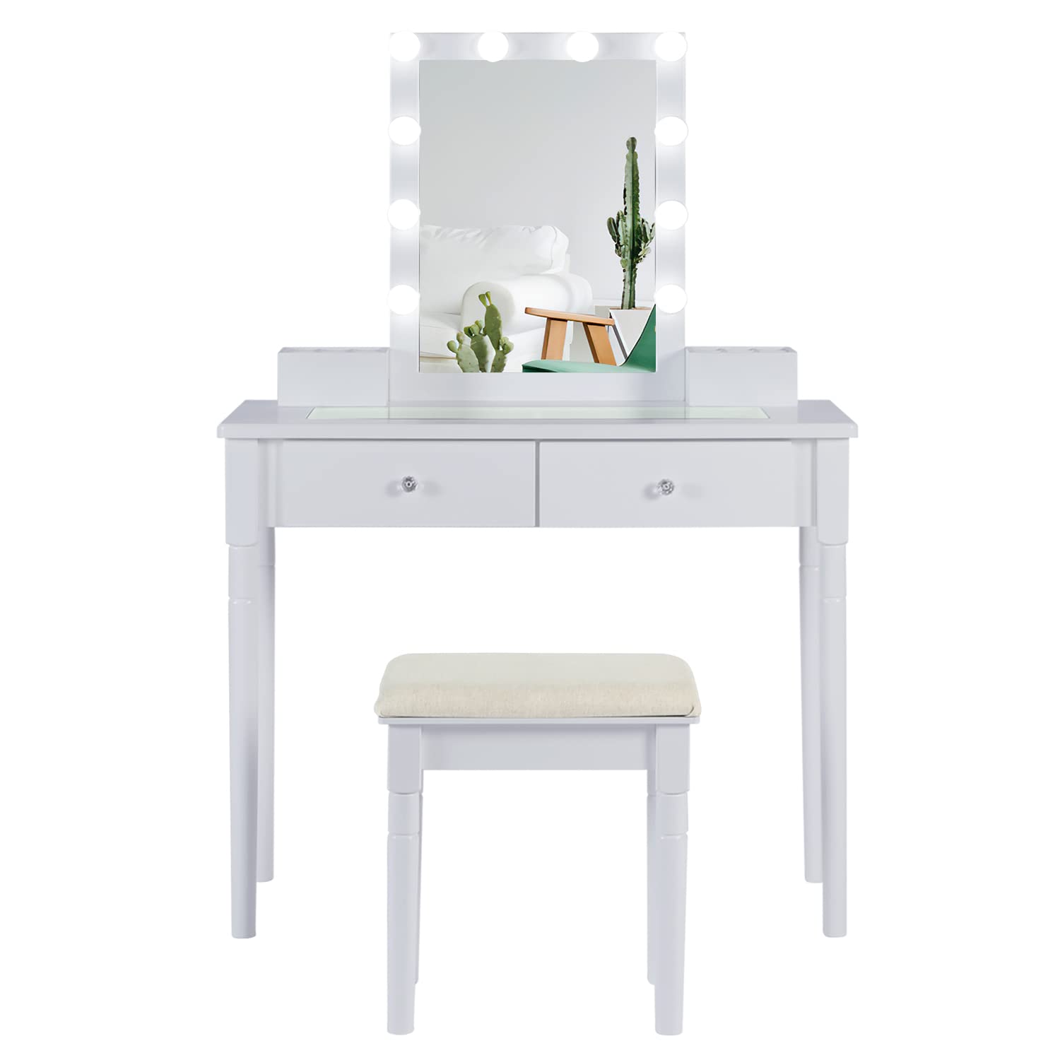 AODAILIHB Vanity Set with Lighted Mirror & Stool, Dressing Table Makeup Vanity Desk with 2 Drawers/Clear Glass Table Top/3 Color Lighting Modes Girls Gift Bedroom Furniture (White)