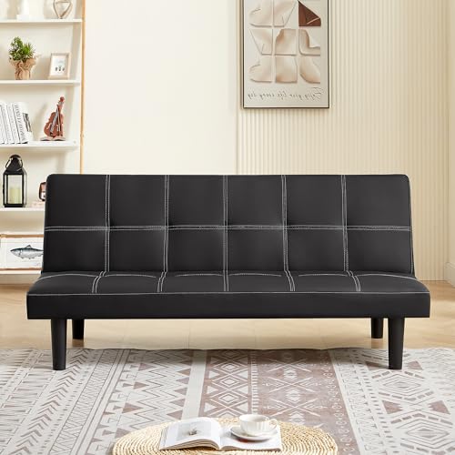 Modern Leather Sofa Bed Futon with Chrome Legs Convertible Folding Sofa Bed for Compact Living Spaces Apartments Dorms Black