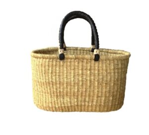 the african home goods ghana handmade woven oval dye free picnic shopping baskets (natural with black handles)