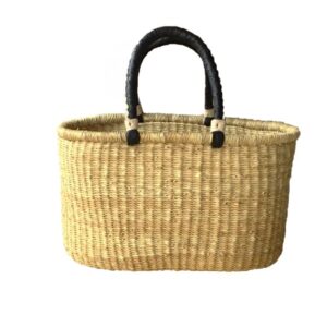 The African Home Goods Ghana Handmade woven Oval Dye Free Picnic shopping Baskets (Natural With Black Handles)