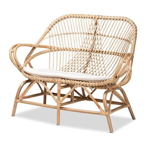 Baxton Studio Bali & pari Jayden Modern Bohemian White Fabric Upholstered and Natural Rattan Loveseat